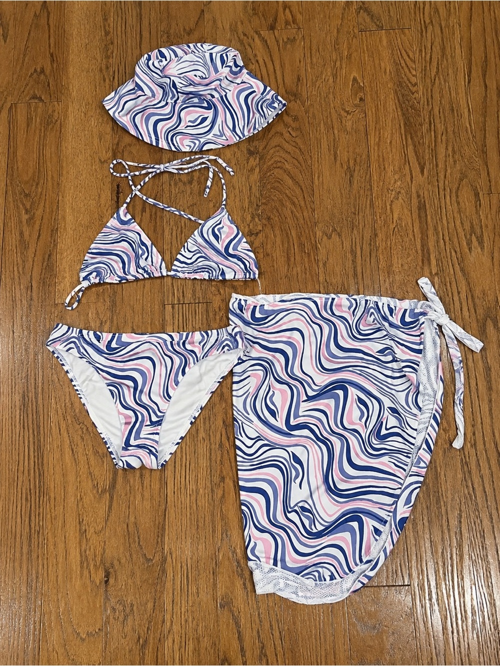 Girls Pink & Blue Swirl 3-Piece Swim Set with Hat